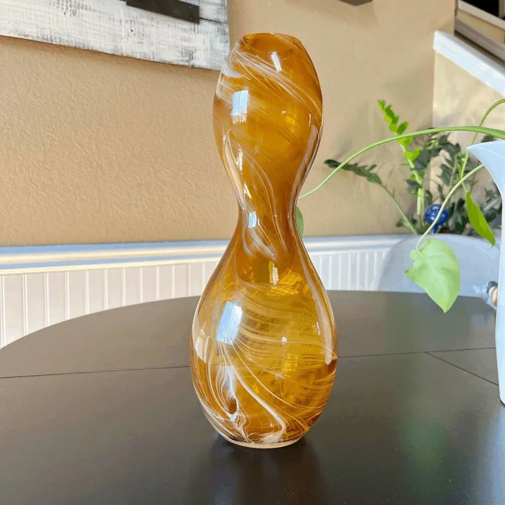 Vintage Huluping Hand Blown Brown and White Swirl Art Glass Hourglass Vase